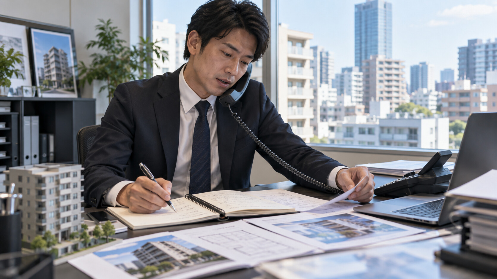 電話と予定を確認しながら複数案件を調整する不動産担当者