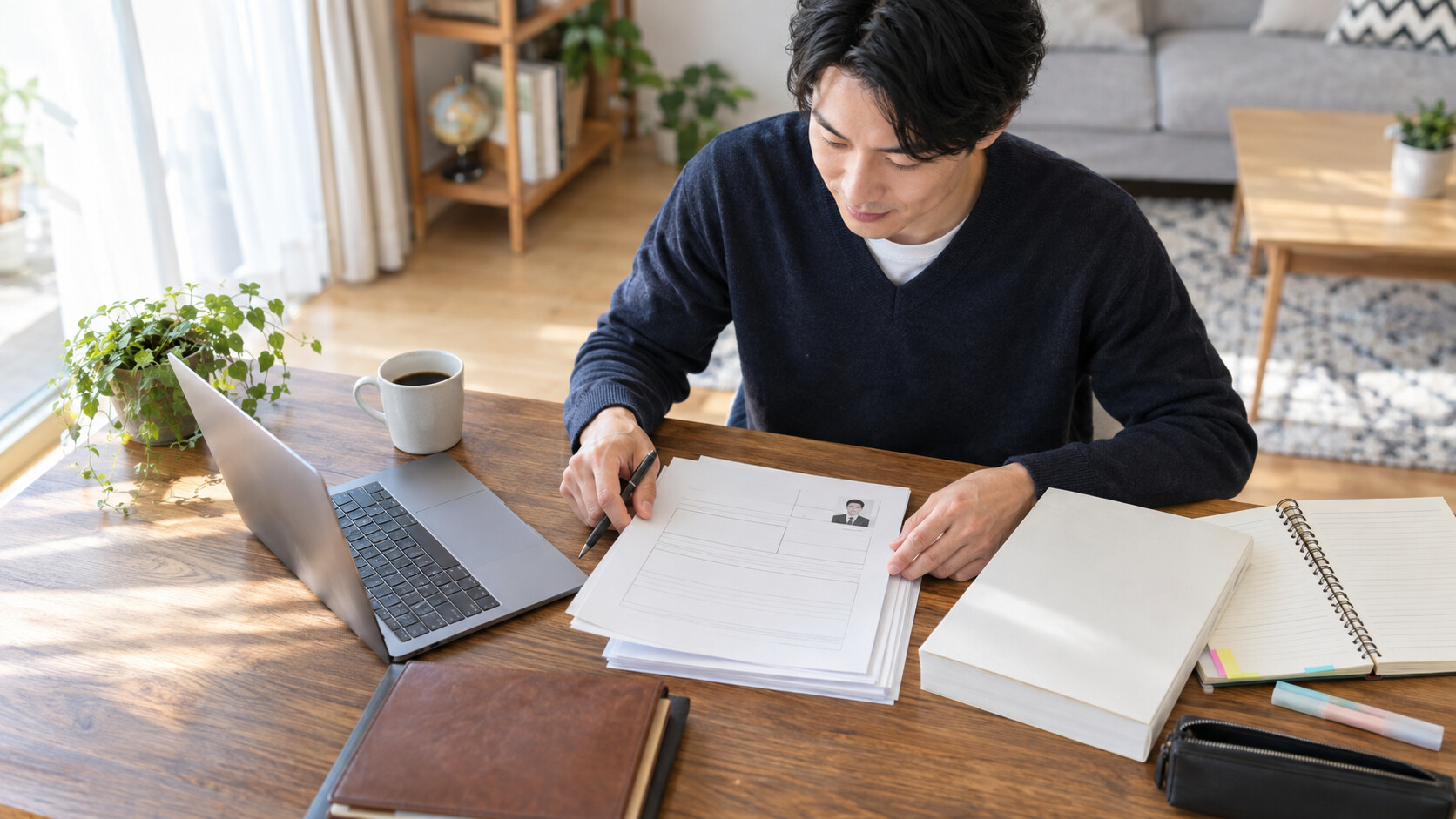 自宅で不動産業界への転職準備を進める男性