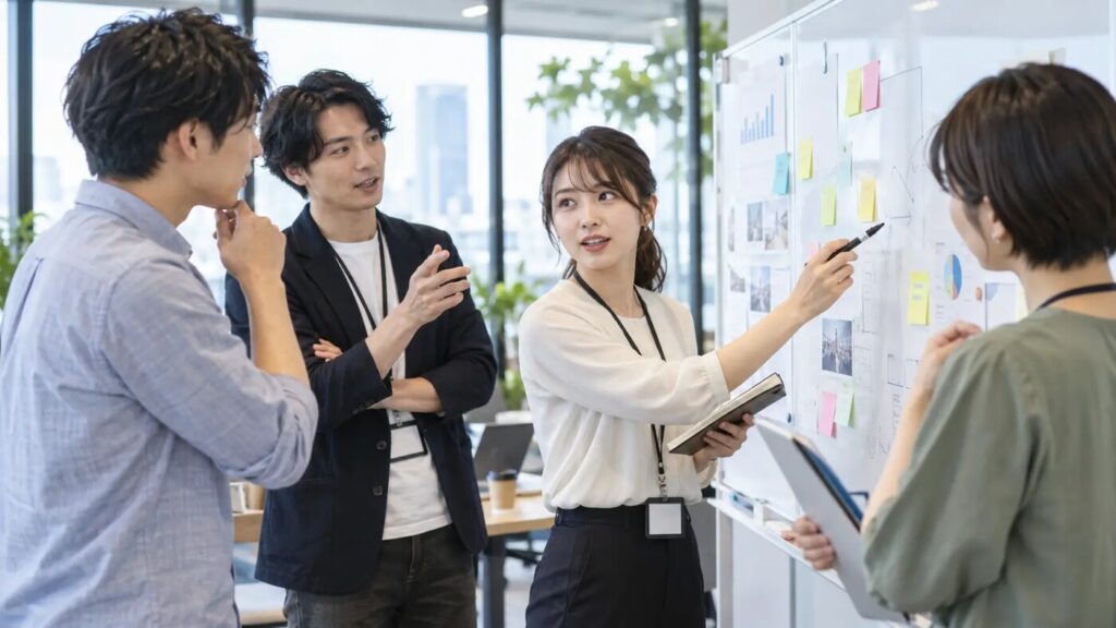 若手社員が複数の同僚とホワイトボードを囲みながら仕事の情報を整理して共有している様子
