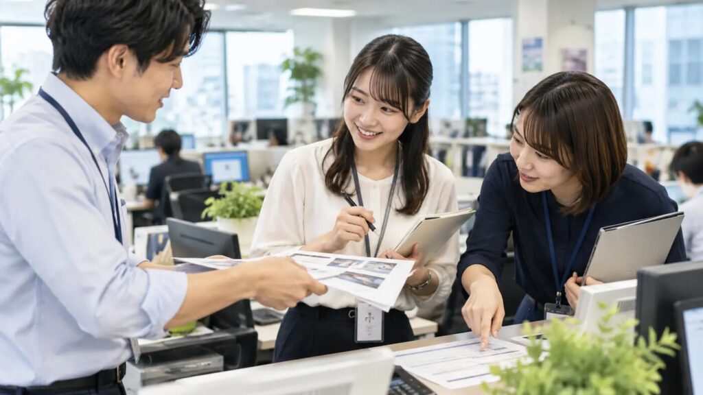 若手社員が職場で同僚と資料を確認しながら日常業務を経験している様子