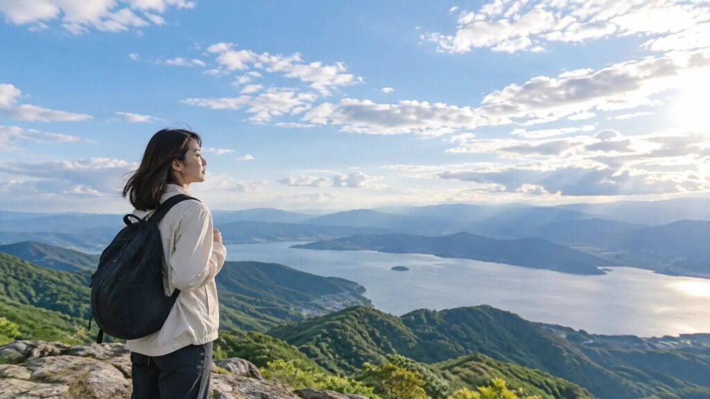 雄大な山と湖を望む場所で若い社会人がこれからの人生や働き方を静かに見つめている様子