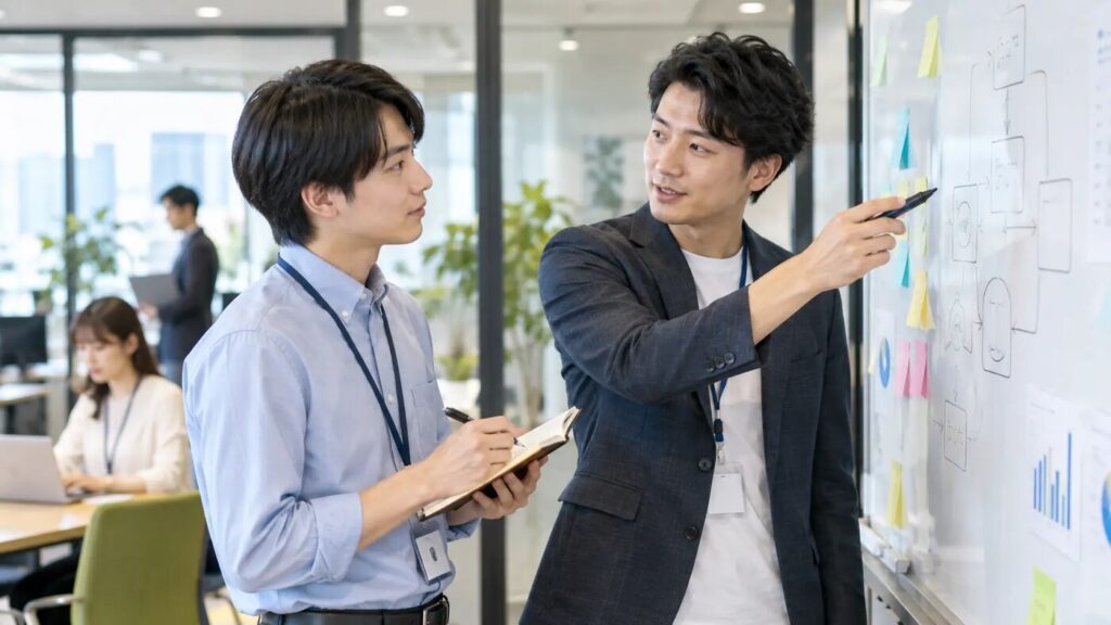 若手社員が職場で先輩から仕事の進め方について説明を受けている様子