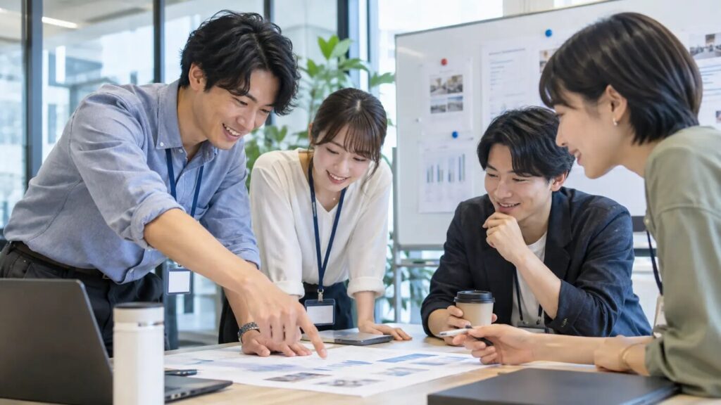 若手社員たちが業務資料を囲み改善した仕事の成果について確認している様子