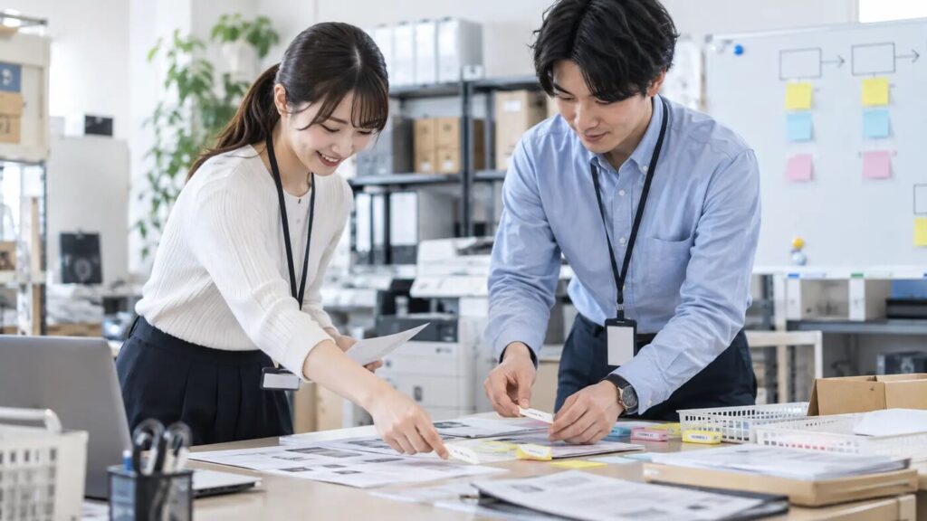若手社員が同僚と資料や付箋を使いながら仕事の進め方を改善している様子