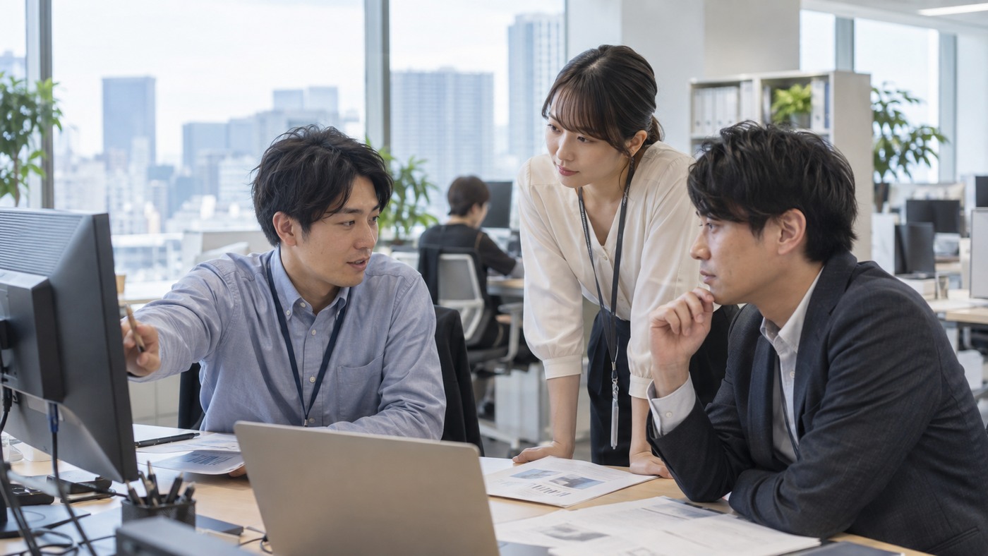 社内の別チームの仕事内容を確認する会社員たち