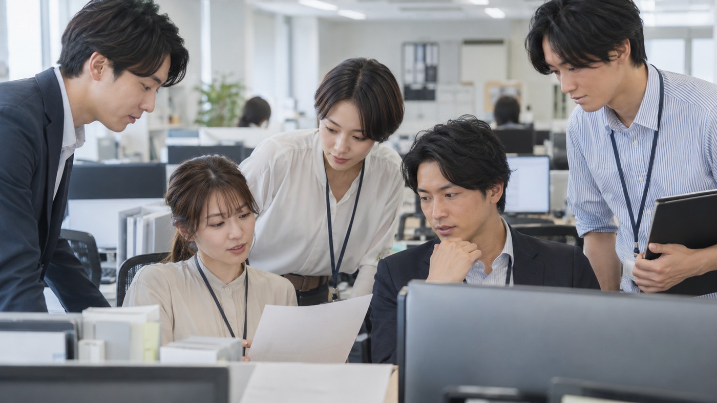 社内の別部署で業務内容を確認する会社員たち