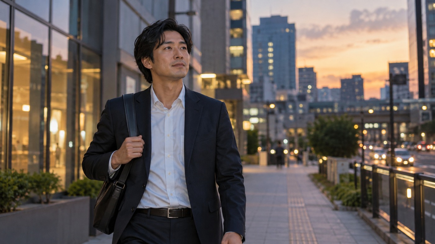 異動か転職かを考えながら夕暮れの街を歩く会社員