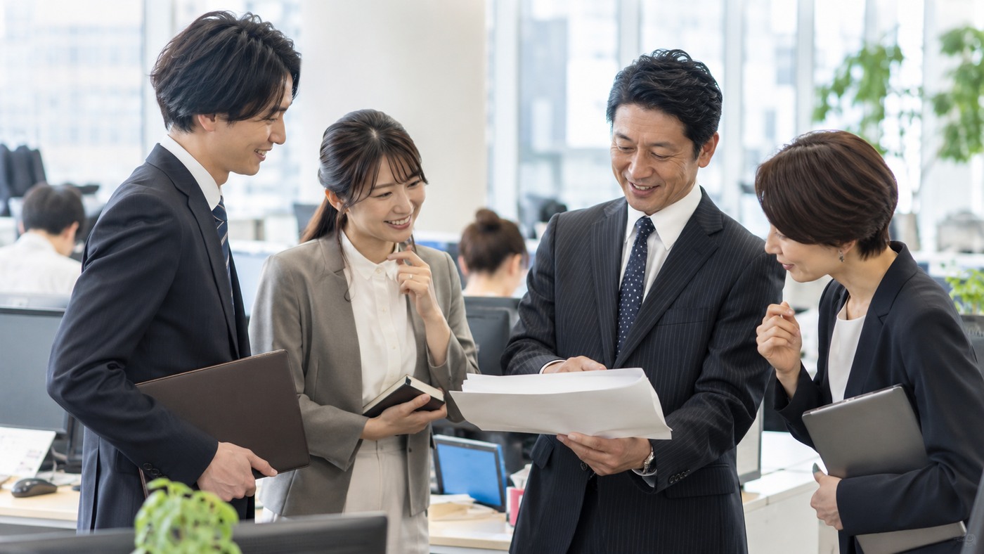 上司や同僚と日常業務を進める会社員たち