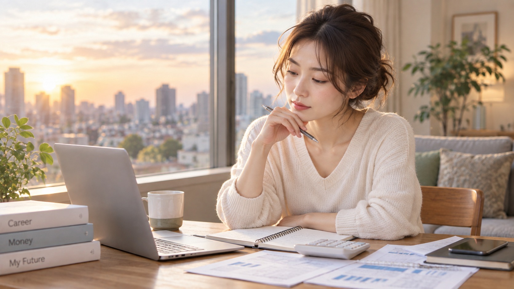 年収アップを考えながら家計や将来の収入を整理する女性
