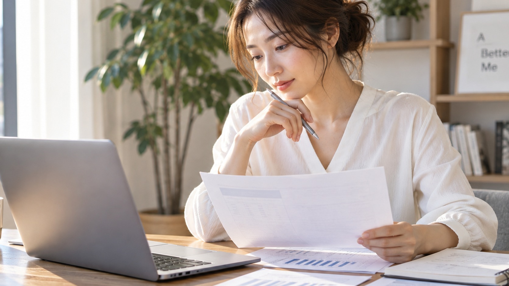求人資料を見ながら年収と仕事内容を比較する女性